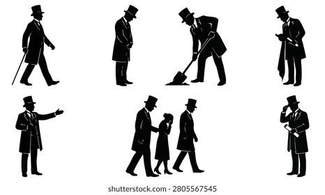 Silhouette of an undertaker in a top hat and coat pointing on a white background