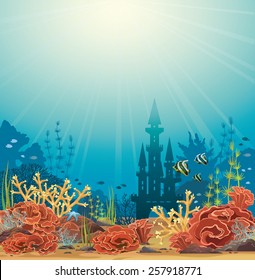 Silhouette of underwater castle and colorful coral reef with tropical fishes. Vector seascape illustration.