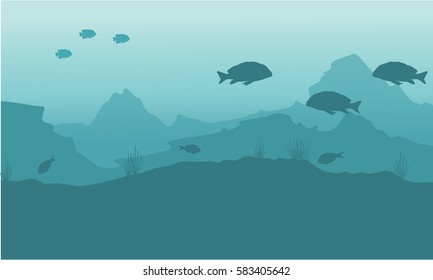 Silhouette of underwater with fish background