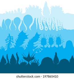 Silhouette of underwater landscape, ocean background, hand drawing, original imaginary, vector.