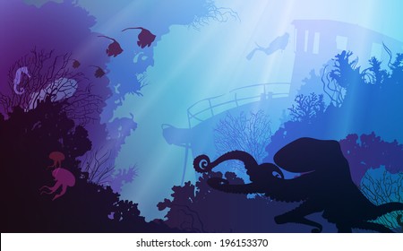 silhouette of underwater marine life and octopus in the foreground. Wreck and diver in the background. bright colors