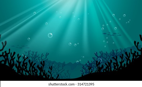 Silhouette underwater scene with coral reef illustration