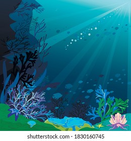 Silhouette of an underwater scene on the background of a coral reef