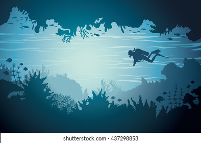 Silhouette of underwater sea cave with scuba diver and coral reef. Tropical vector illustration.