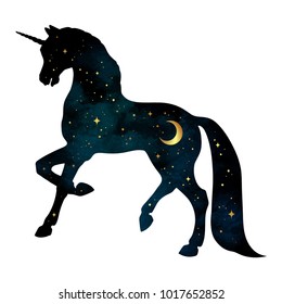 Silhouette of unicorn with crescent moon and stars isolated. Sticker, print or tattoo art double exposure design vector illustration.