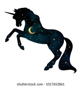 Silhouette of unicorn with crescent moon and stars isolated. Sticker, print or tattoo art double exposure design vector illustration.