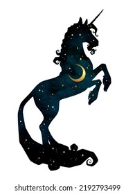 Silhouette of unicorn with crescent moon and stars isolated. Sticker, print or tattoo art double exposure design vector illustration