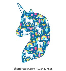 Silhouette of unicorn with fantasy items and objects.