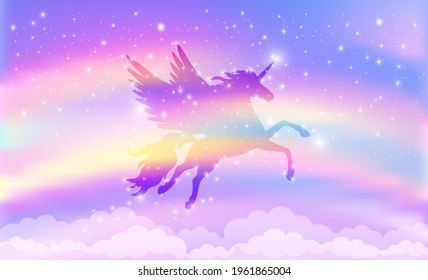 Silhouette of a unicorn flies against the background of a rainbow sky with stars. Vector illustration. Vector illustration for children.