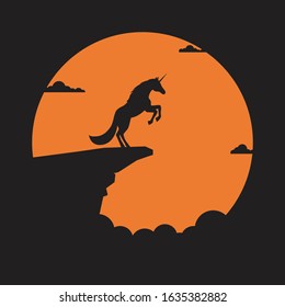 Silhouette unicorn horse on cliff with sunset background, Symbol of achievement, Concept, Vector illustration flat