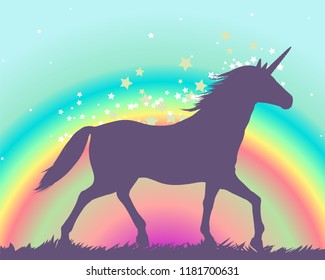 Silhouette of a unicorn on a rainbow background