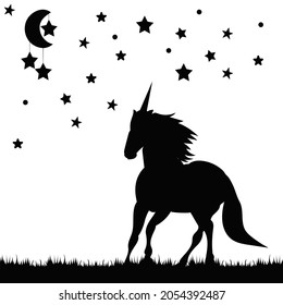 silhouette of a unicorn runs, on a white background, vector