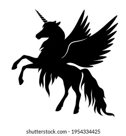 Silhouette of a unicorn with wings. Black silhouette on a white background. Vector illustration.