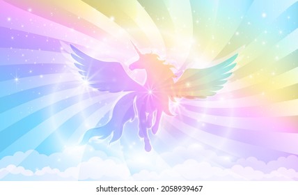 Silhouette of a unicorn with wings on a background of a rainbow sky with stars and rays of light. Vector illustration for children.