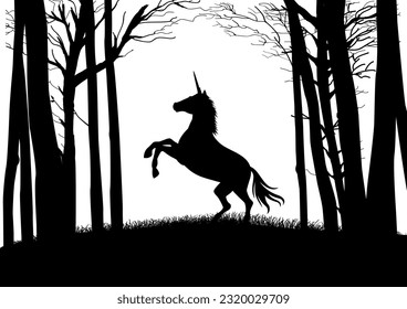 Silhouette of a unicorn in the woods, black and white vector illustration