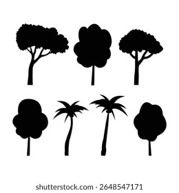 Silhouette unique trees, set of night trees isolated on a white background vector illustration