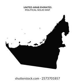 The silhouette of the United Arab Emirates showcases its distinct shape. This solid black representation highlights the geographical outline without additional details, emphasizing its borders.