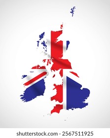 Silhouette of the United Kingdom map filled with the Union Jack flag design, symbolizing national pride, cultural heritage, and geographic identity.  
