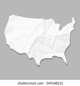 Silhouette of United States of America map, with crumpled paper texture, isolated on grey background. Vector illustration. Elements of this image furnished by NASA.