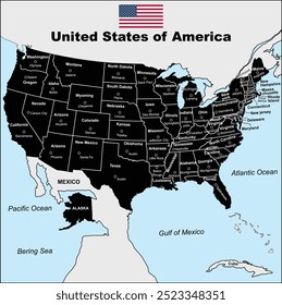 Silhouette United States of America map (USA) map with borders of the states and names on white background 