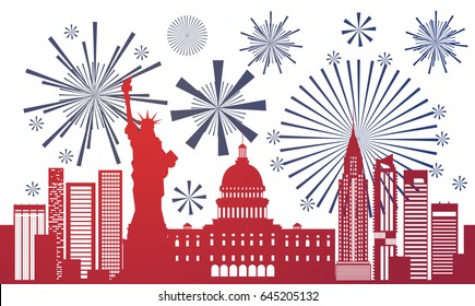 Silhouette United States Landmarks Independence Day Holiday 4 July Banner Flat Vector Illustration