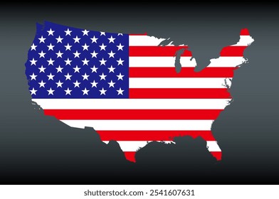 Silhueta do mapa dos Estados Unidos preenchido com a bandeira americana, a Old Glory, ou Star-Spangled Banner. Estrelas e listras se estendiam pelos contornos do país, sobre um fundo cinza-escuro.