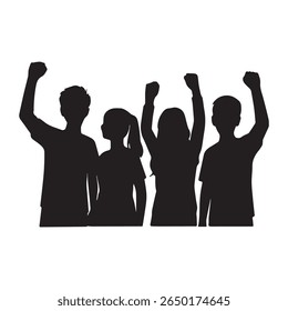 Silhouette of united youth raising fists in protest, symbolizing empowerment, activism, social justice, and collective strength for positive change.
