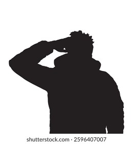 Silhouette of an unknown man thinking with a confused gesture, scratching his head, and a light bulb symbolizing an idea on a white background.
