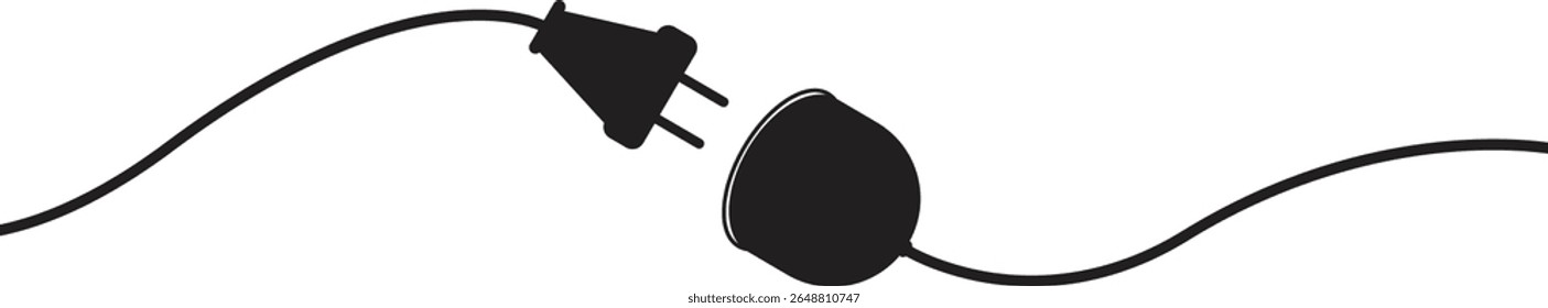 Silhueta de um cabo elétrico desconectado com plug e soquete separados, simbolizando desconexão, desligamento ou quebra de energia para conceitos de tecnologia, utilidade ou segurança.
