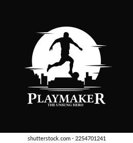 silhouette of the unsung heroes or local hero of football player midfielder playmaker stricker monument sculpture inscription statue with moon and urban city buldings at the background illustration