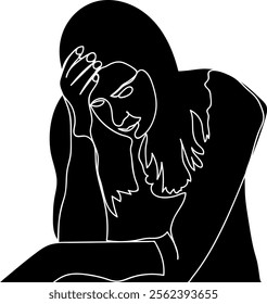 Silhouette of an upset woman, a seated woman holding her head due to a headache