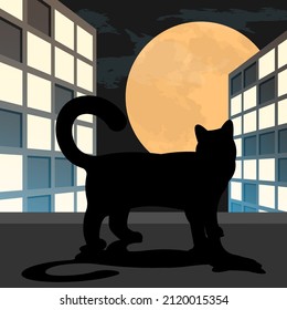 silhouette of urban cat sitting on windowsill of high rise building against backdrop of large full moon. Night life of urban animals. Minimalistic vector illustration