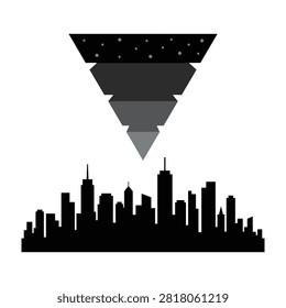 Silhouette of urban cityscape with mysterious triangular UFO shape approaching from night sky