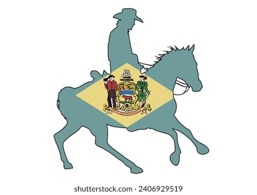 A silhouette of a USA cowboy on a horse with inset Delaware State Flag flag