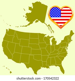 Silhouette a USA map and a flag in a heart frame. All objects are independent and fully editable 