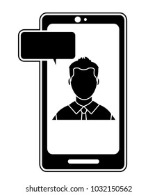 silhouette user man faceless inside smartphone with chat bubble