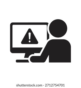 Silueta de un usuario sentado en un monitor de computadora de escritorio que muestra un símbolo de notificación de alerta crítica.