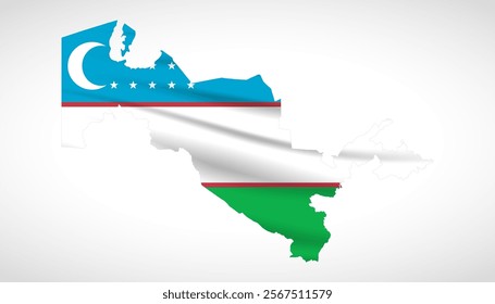 Silhouette of Uzbekistan map filled with the Uzbek flag design, symbolizing national pride, cultural heritage, and geographic identity.  
