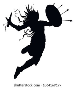 Silhouette of a Valkyrie rushing into battle, in an epic leap with a sword and shield in which arrows stick out, wearing a helmet with wings, armor, her hair fluttering in the wind. 2D illustration