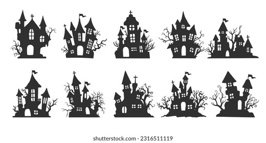 silhouette of vampire castle Scary ghost house on Halloween night.