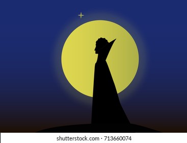 silhouette of a vampire man in the background of the moon.