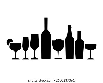 Silhouette of various alcohol bottle wine glasses bar set. Bar bottles and shot glasses on a white background.