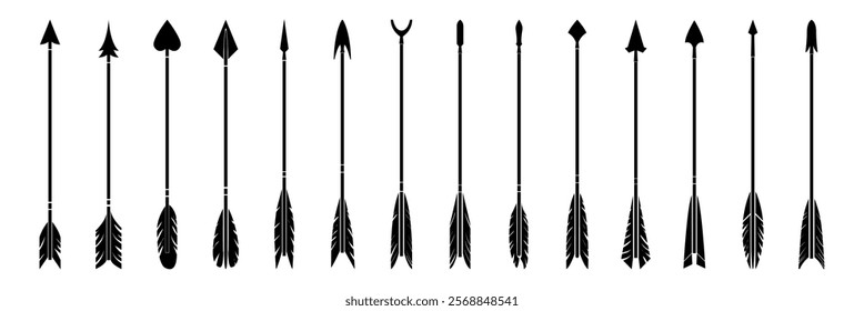 Silhouette of various arrows. Different arrow designs, arrowheads, and feathers. Black arrow silhouettes, diverse arrow styles, and arrow shapes. Element vector set.