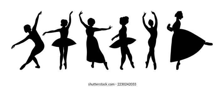 Silhouette of various Ballerina Dancing Ballet isolated on white. Girl, Woman Classic Choreography dancer