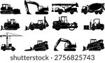Silhouette of various heavy construction equipment vehicles