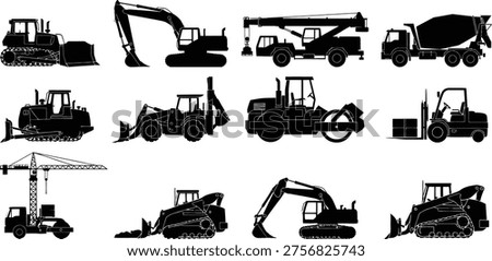 Silhouette of various heavy construction equipment vehicles