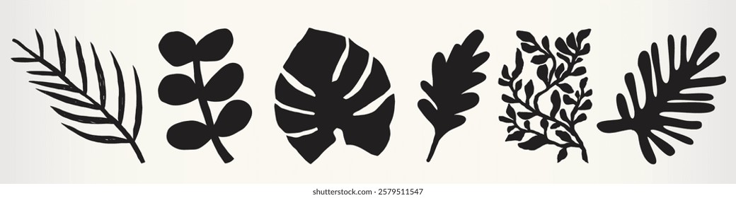 Silhouette of various leaves, including palm, monstera, and oak. Black leaf silhouettes on a light background. Botanical leaf design in silhouette style. Nature illustrations, isolated vector set.