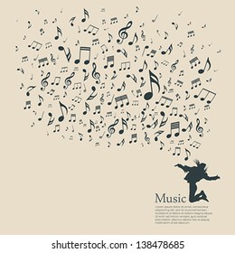 Silhouette various musical notes and people dance, vector illustration