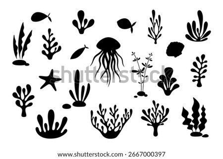 Silhouette of various oceanic plants, corals, algae, marine animals, fish isolated on white, vector illustration. Decorative elements of the underwater world for decoration, design, banner, label