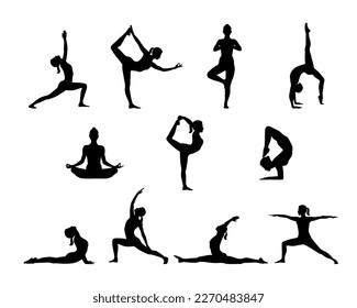 It is a silhouette of various poses of a woman doing yoga exercises. It is a black yoga exercise movement separated individually on a white background pursuing a healthy life.